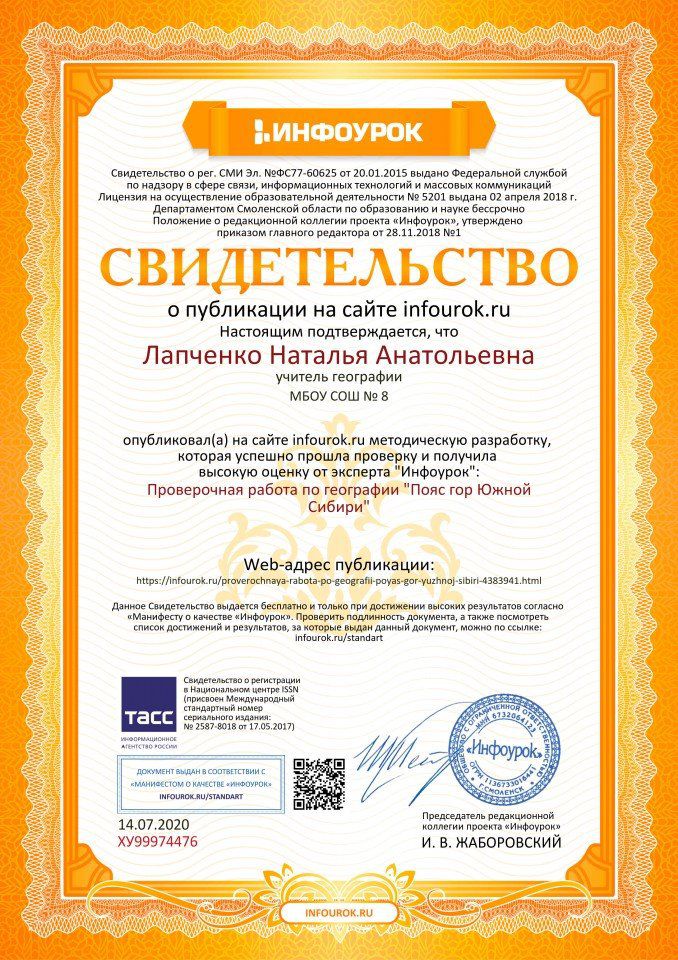 Свидетельство проекта infourok.ru №ХУ99974476