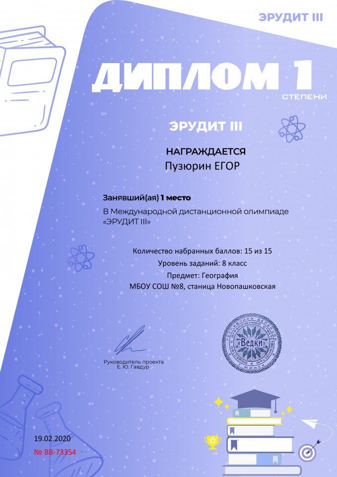 Диплом 1 степени для победителей smartolimp.ru №73354